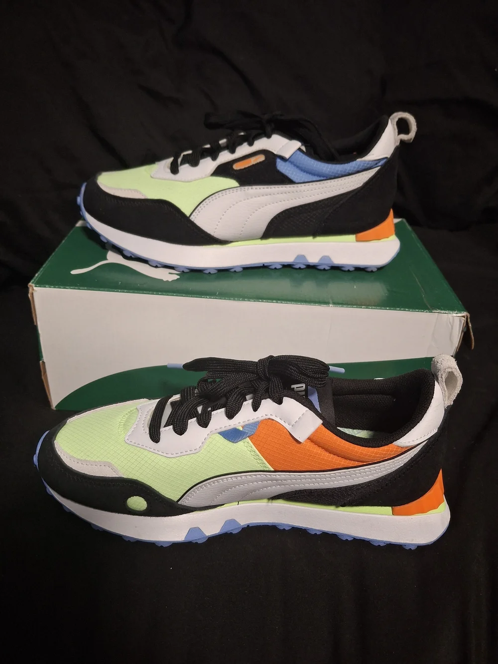 Puma Big Kids Chunky Trainer White Black Lime Green with Blue and Orange Accents